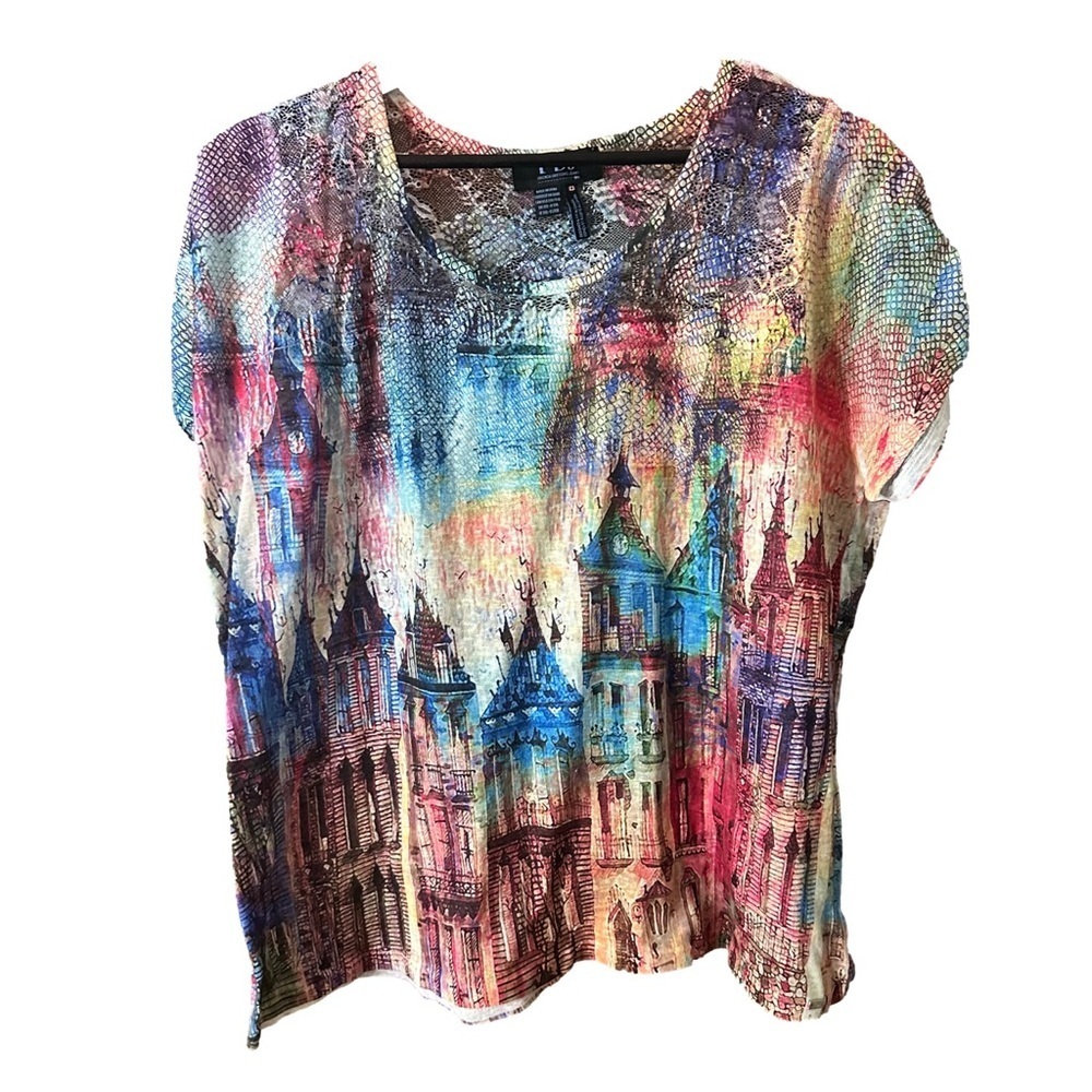 FDJ Colourful Cityscape Women's Short Sleeve Blouse Lace Back Neck Sz XXL